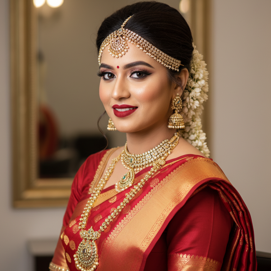Beauty Salon in Madurai: Award-Winning Services That Locals Actually Queue For Best bridal makeup services in Madurai at Mack Beauty Hub"
Content: Beautiful bridal makeup look (traditional South Indian or contemporary)