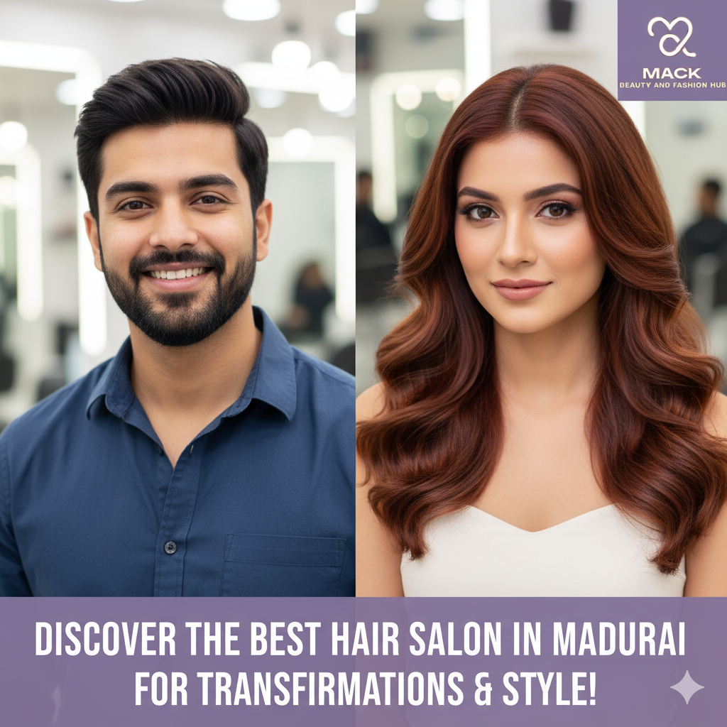 Hair Salon in Madurai: Why Your Hair Deserves More Than 'Good Enough' "Best hair salon in Madurai offering professional hair styling and transformations for men and women"
The image features a split screen. On the left, a smiling man with a stylish haircut and beard looks confidently at the camera, implying a fresh cut from the salon. On the right, a woman with voluminous, wavy, reddish-brown hair looks directly at the camera, showcasing a professional hair styling or coloring result. Both subjects are well-groomed and appear satisfied, set against a bright, modern salon backdrop with mirrors and subtle lighting. The salon